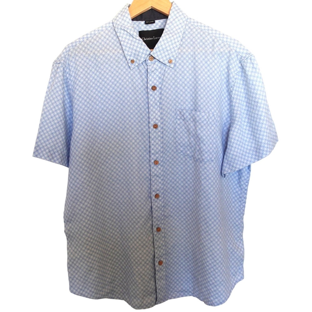 Christian Lacroix Linen Shirt Mens‎ XL Blue Geometric Short Sleeve Button Down